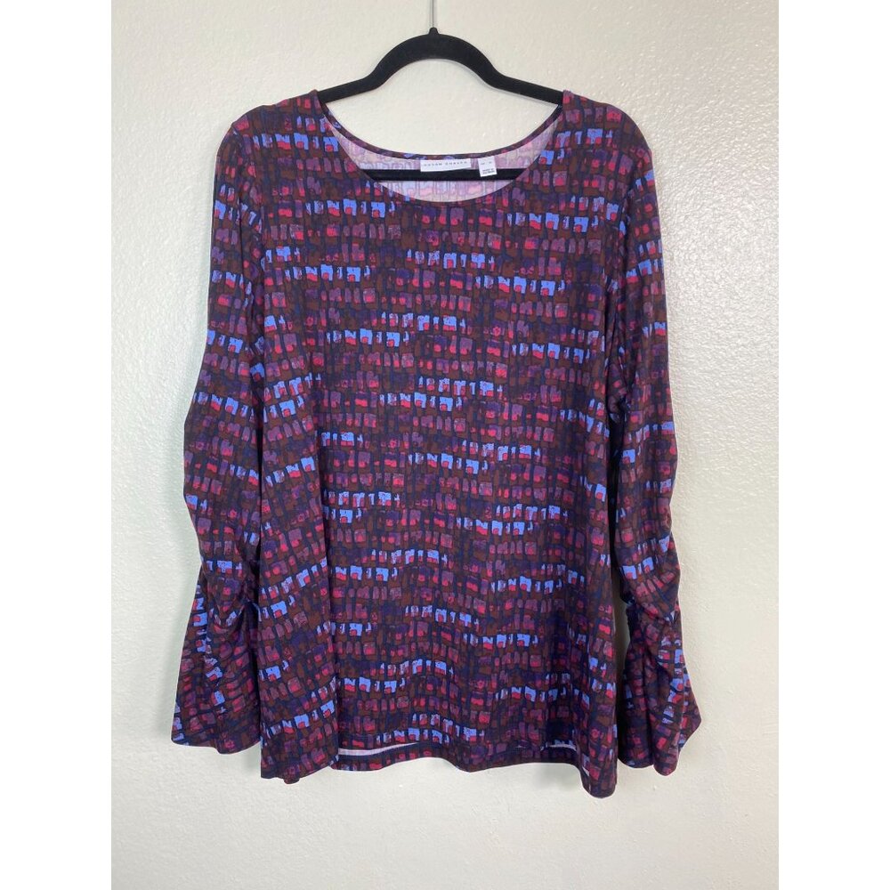 Susan Graver Abstract Tunic Top Women size XL Flare Bell Long Sleeve Liquid Knit